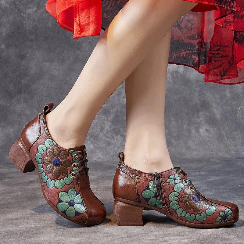 Johnature Женская обувь с принтом, туфли-лодочки из натуральной кожи в этническом стиле с круглым носком на толстом каблуке и мягкой подошвой