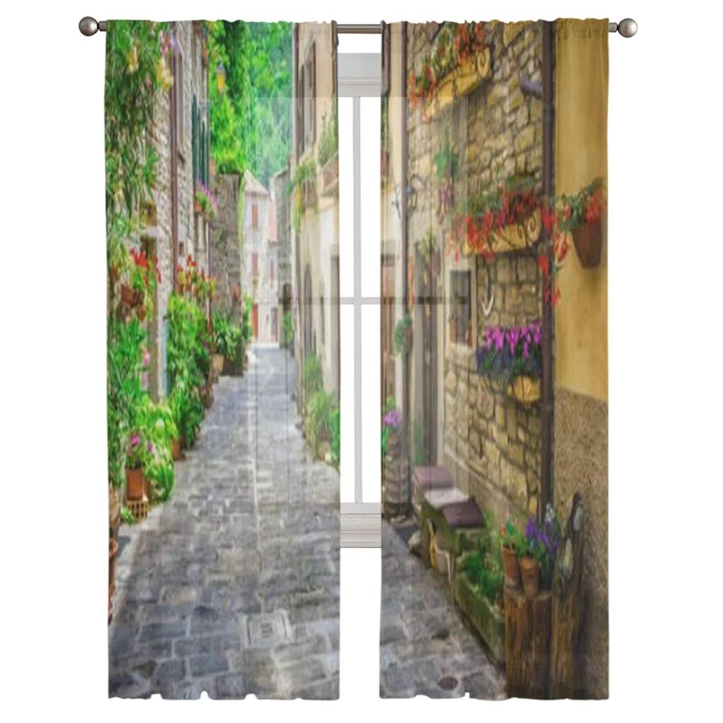Italian Town Street Sheer Curtains for Living Room Transparent Tulle Window Treatments Bedroom Kitchen Home Decor Veil Drapes