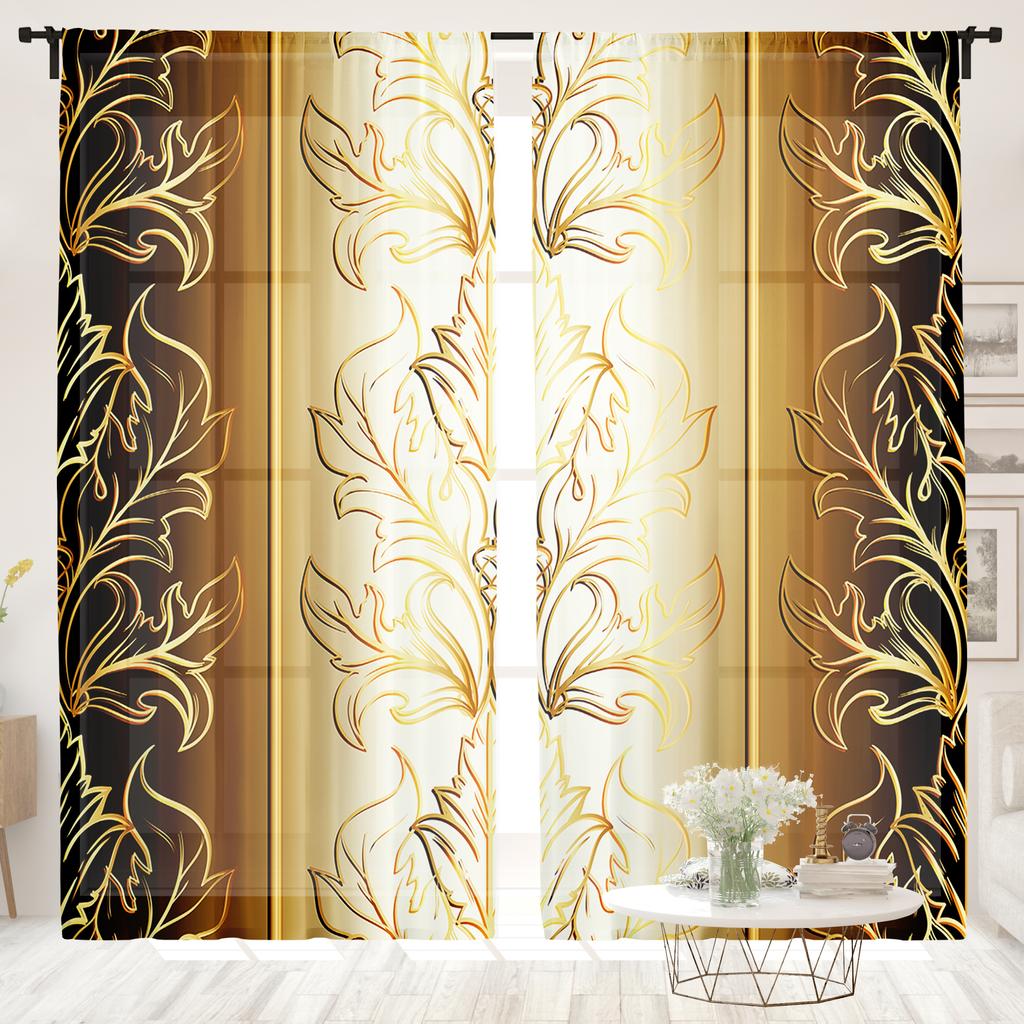 2 шт., шторы с принтом в виде золотистых скандинавских листьев - полузатемняющие - подходят для гостиной, спальни, кухни, для украшения дома