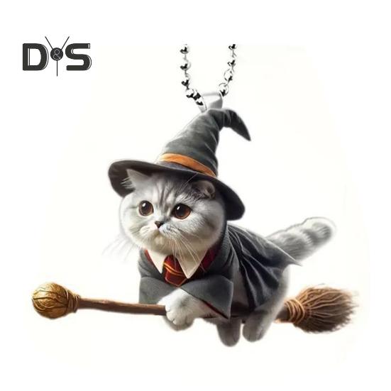 Halloween Wizard Cat Hanging Decoration Home Indoor Christmas Tree Car Rearview Mirror 2D Flat Acrylic Broom Kitten Hanging Ornament Animal Pendant