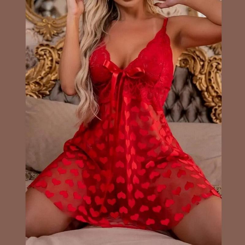 Сексуальное кружевное цельное платье, женские тюлевые пижамы, свадебный подарок, искушение, ночная рубашка, прозрачная униформа с красным принтом