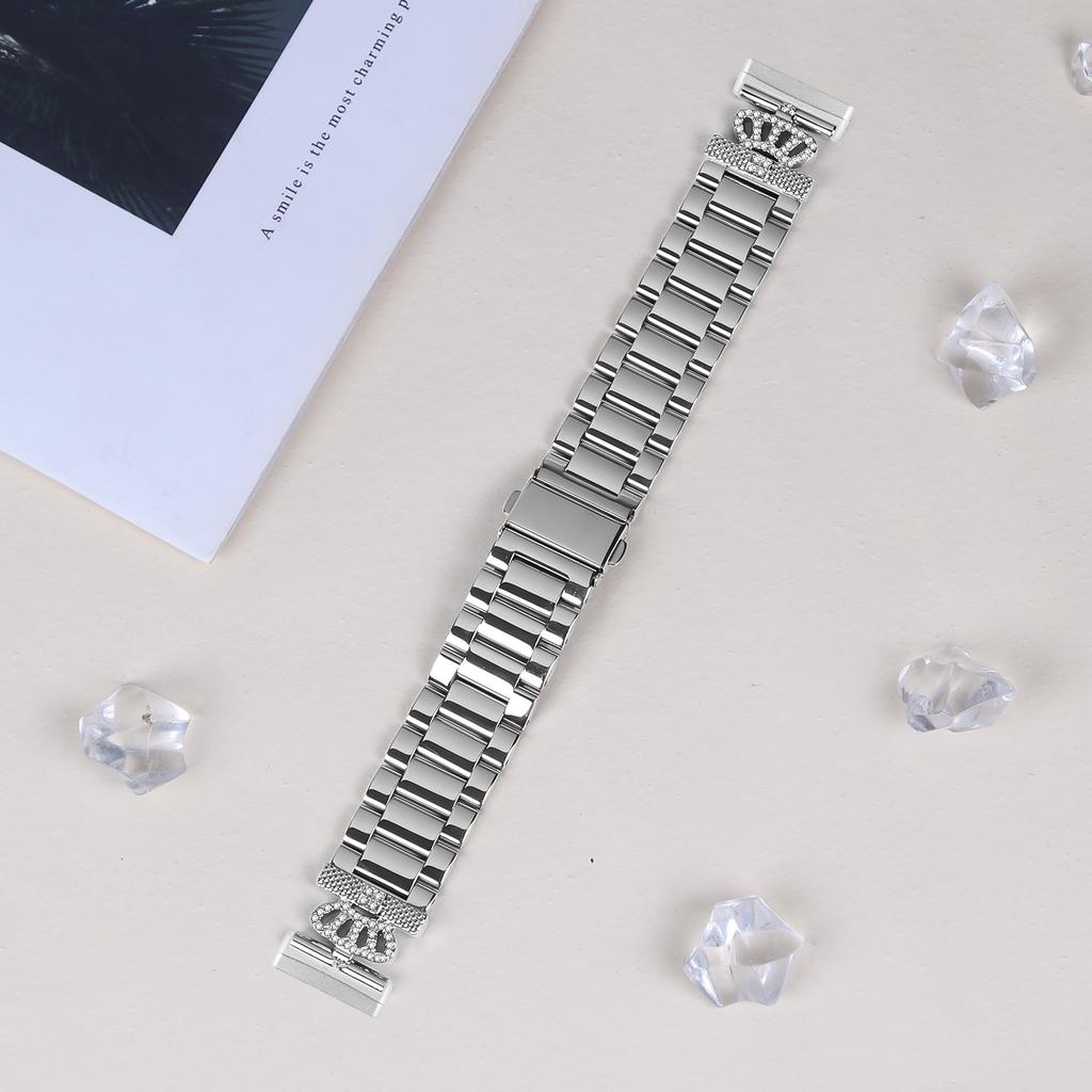For Fitbit Versa 4/Sense 2 Stainless Steel Strap Crown Shape Rhinestone Decor Silver Watch Band