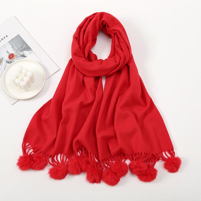 Fashion Winter Thick Blanket Cashmere Shawl Scarf With Rabbit Fur Pom Pom Tassel Warm Pashmina Poncho Echarpe Foulards 190*70Cm