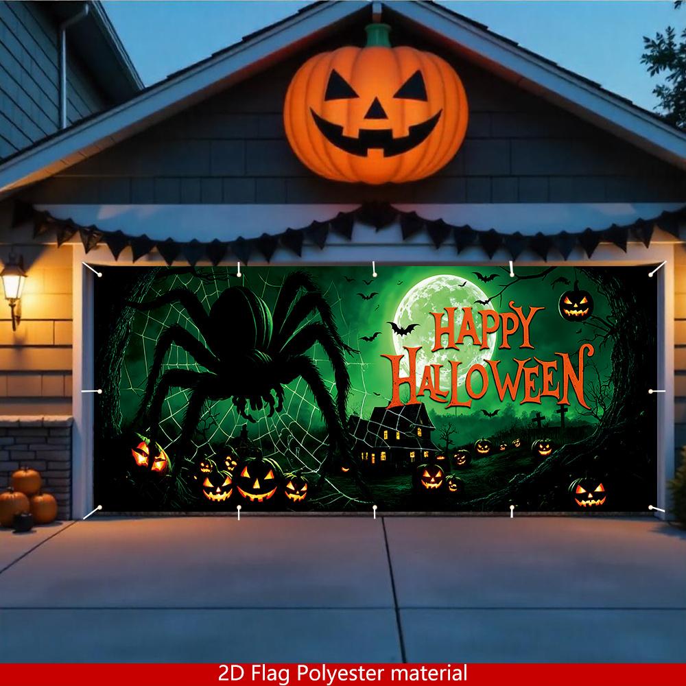 2D flat, 1 piece Happy Halloween garage flag, polyester spider-themed decorative background