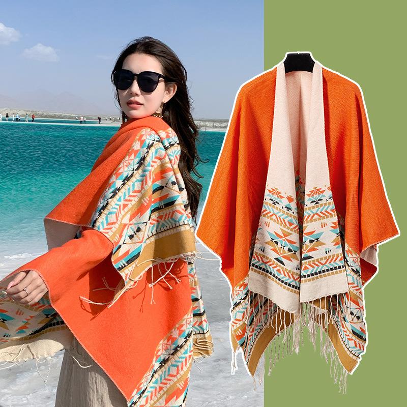 Tourism Ethnic Style Fringed Knitted Shawl Travel Photo Scarf Cape Northwest Prairie Cape Women