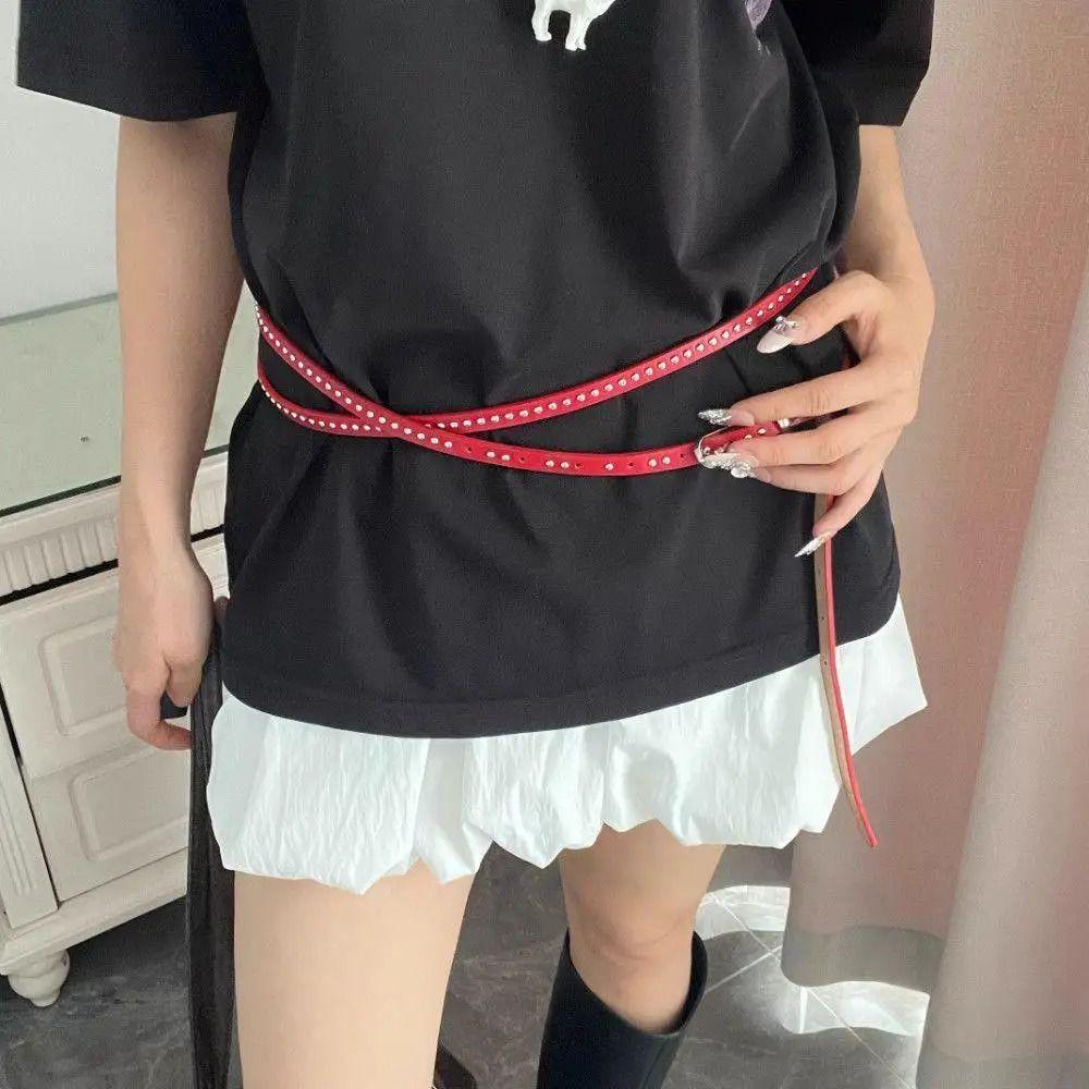 Fashion PU Leather Rivet Belt Spicy Girl Metal Y2K Belt Hip Hop Gothic Long Double-layer Belt Skirts Waistband