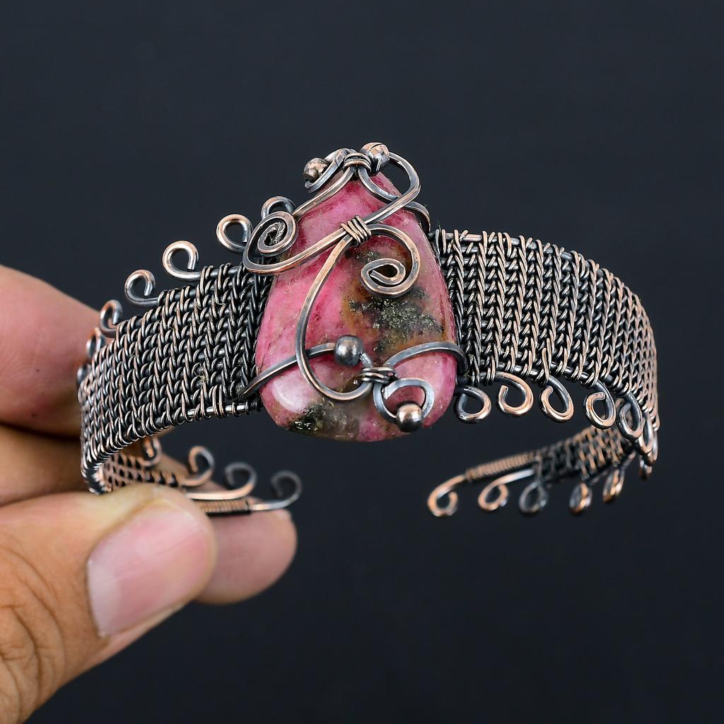 Натуральный родонит, драгоценный камень, браслет ручной работы из медной проволоки, регулируемый h4r01
