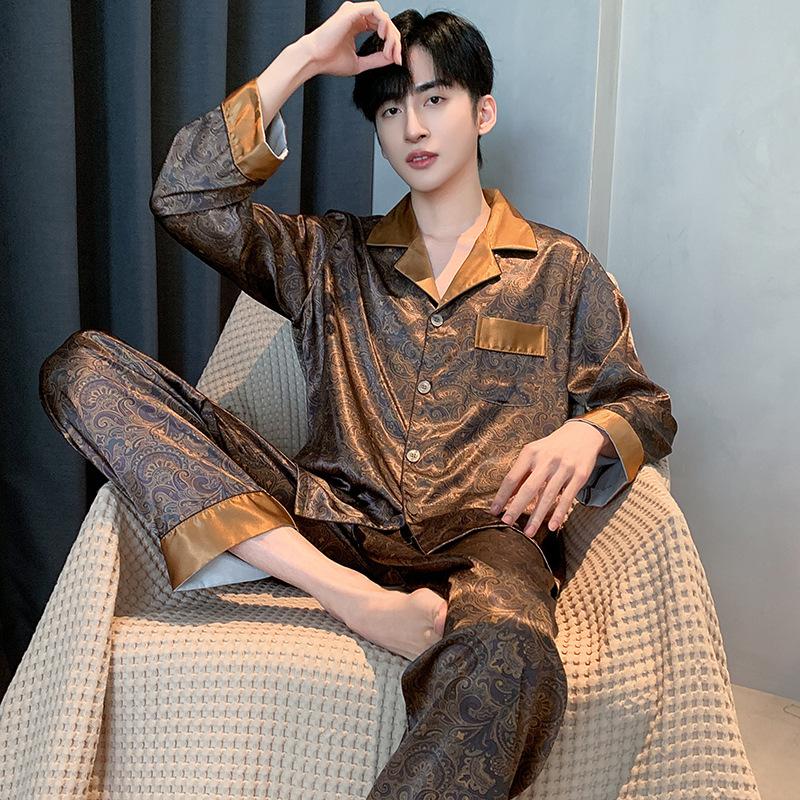 Мужской пижамный костюм весна-осень ледяной шелковый кардиган с длинными рукавами атласная пижама для мужчин домашняя одежда лето