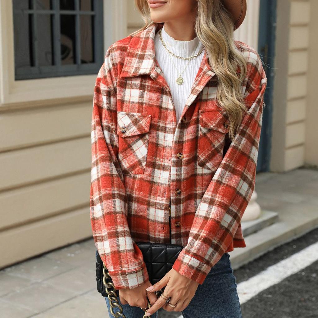 Женское и зимнее новое шерстяное пальто с длинным рукавом и карманами в клетку