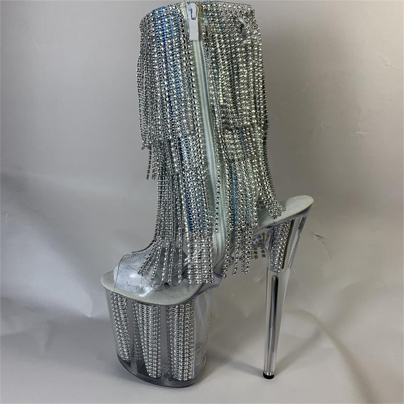 Зимние полые с круглым носком, с бахромой, прозрачные женские черные среднего размера, с низким голенищем, серебристые короткие сапоги, сапоги-рыцари, супервысокие с 20 см