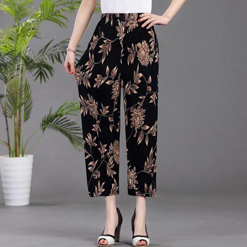 Summer Middle-aged and Elderly Women's Pants Ice Silk Cool Pants Loose Plus Size Floral Pants Elastic Waistband Cropped Pants Casual Pants