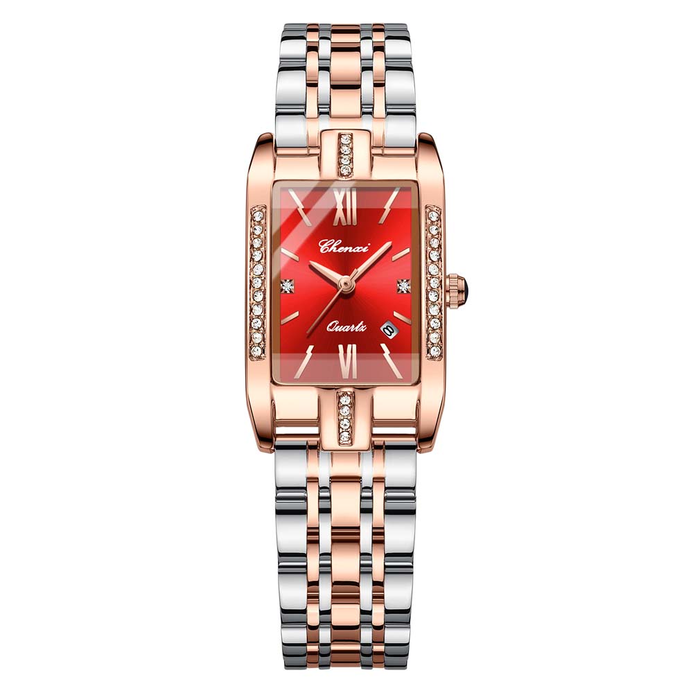 CHENXI New Square Ladies Watch Date Display Solid Stainless Steel Strap Diamond-Accented Fashion Quartz Watch for Women