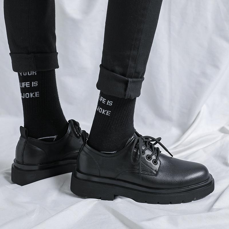 Korean Version of Big Head Leather Shoes Men's 2024 Summer New Teenagers Wear Breathable Tooling Shoes Casual Lace-up Small Black Shoes
