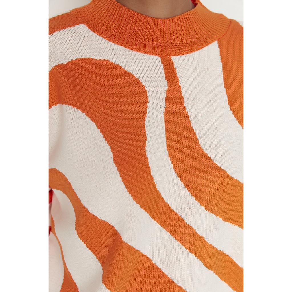 Экрю-оранжевый трикотажный свитер в полоску с животным узором и полуводолазкой Tctaw23kz00023