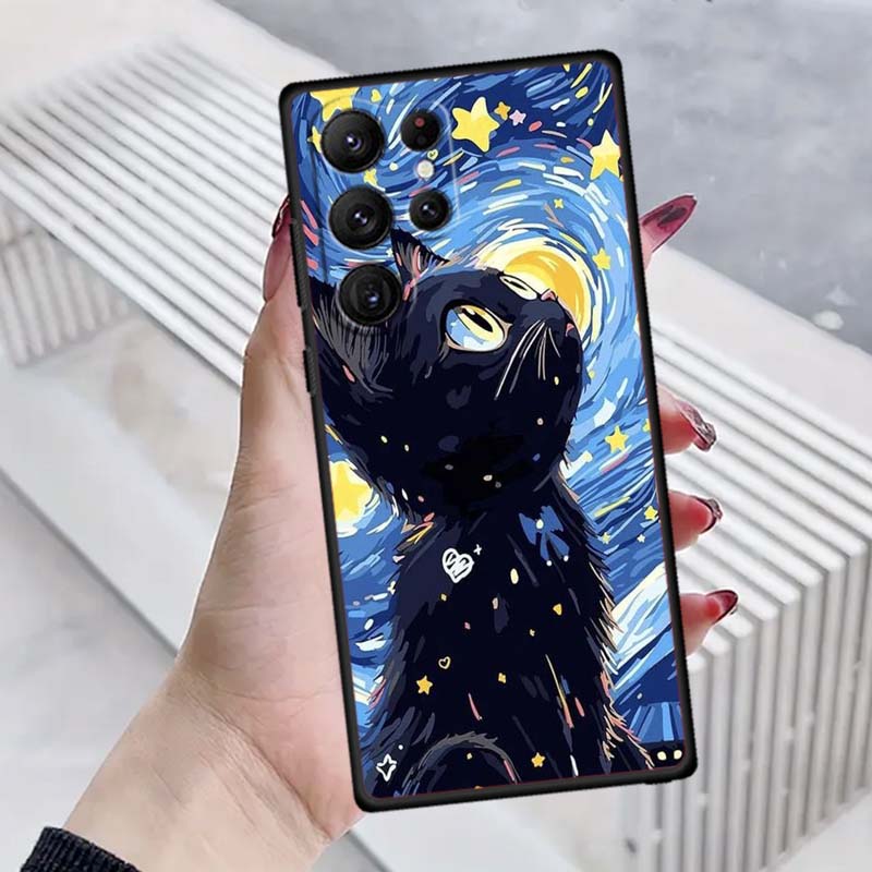 Милая мультяшная кошка Иллюстрация Чехол для телефона Для Samsung Galaxy S26 S25 S24 S23 S22 S21 S20 Ultra Plus FE 5G Черный Мягкий ТПУ