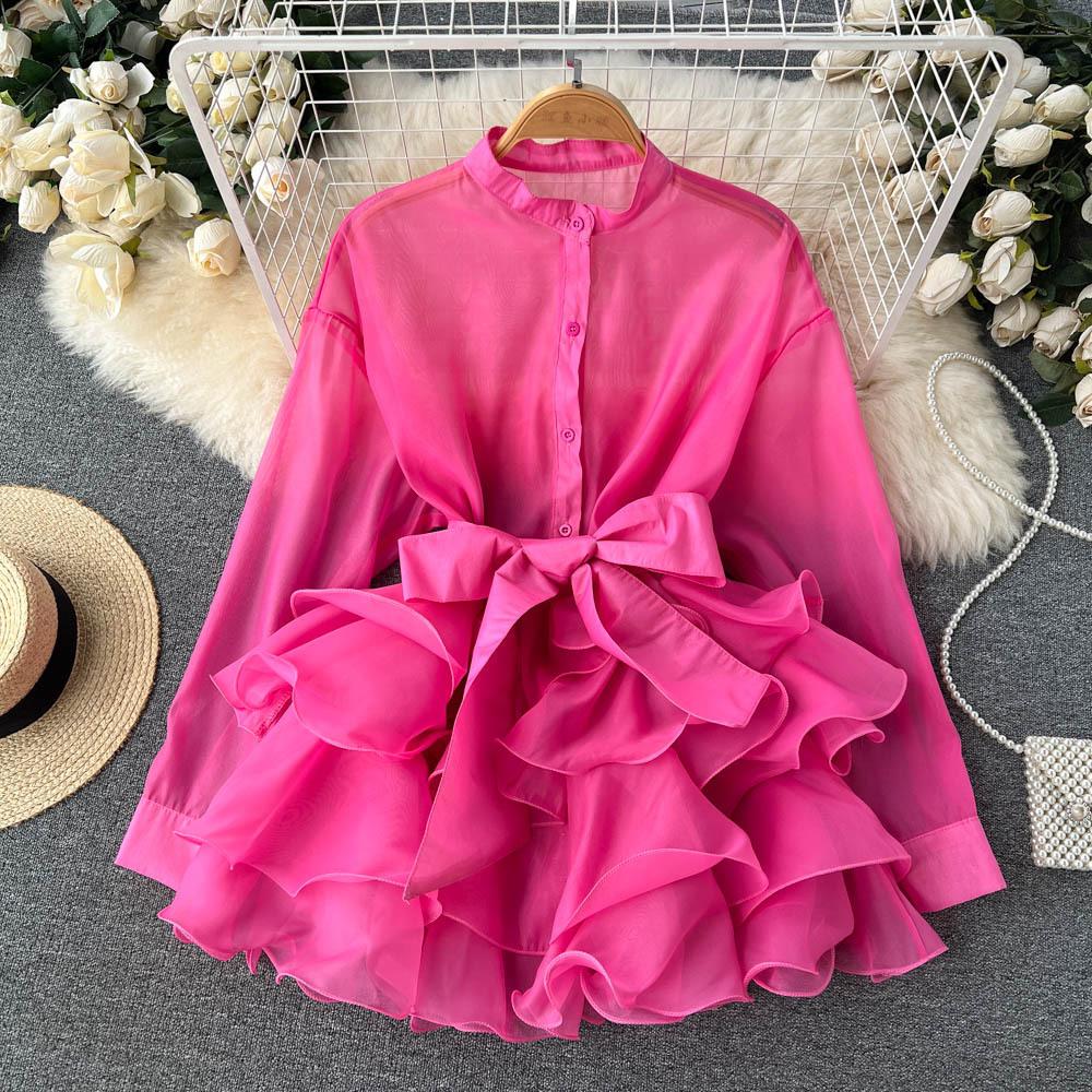 Chic Tops Women's Shirt Spring and Fall Ruffle Premium Bow Tie Blouse