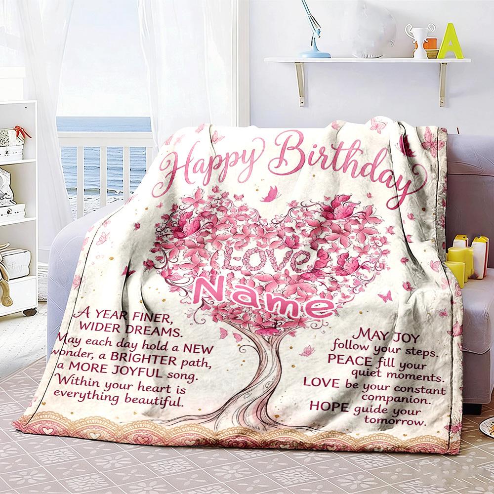 Happy Birthday Customize Your Name Home Blanketss Birthday Wishes Heart Butterfly Comfortable Soft Lightweight All Season Multipurpose Blanket For