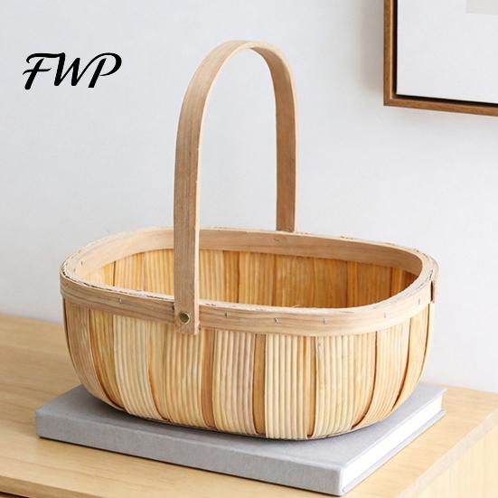 Portable Food Serving Tray Handmade Woven Wood Storage Basket, Oval Organizer with Reinforced Handle, Home Organization Baskets Large Capacity Bin for