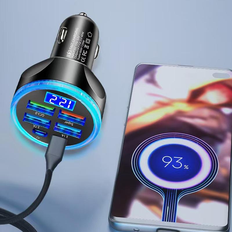 Автомобильное зарядное устройство 6 в 1 с поддержкой PD 30 В, USB, вольтметром, Type C, 4 USB A, многопортовый, супербыстрая зарядка, с индикатором напряжения, новое