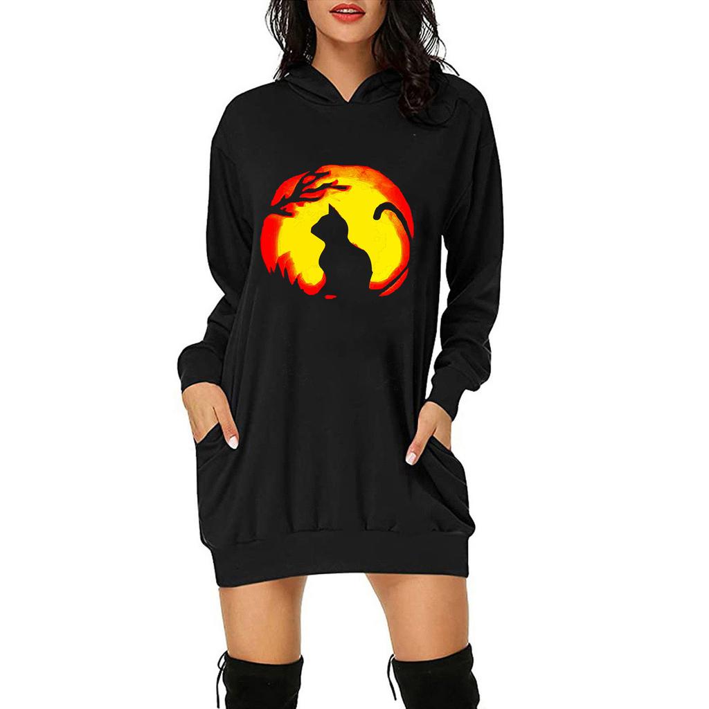 Women Casual Fashion Loose Plus Size Halloween Print Long-Sleeve Blouse Dress