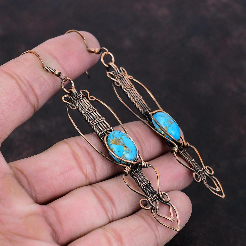 Медно-голубая бирюзовая серьга, медная проволочная обернутая серьга, драгоценный камень, медные украшения, серьги ручной работы, проволочная обертка, уникальные серьги для подарка
