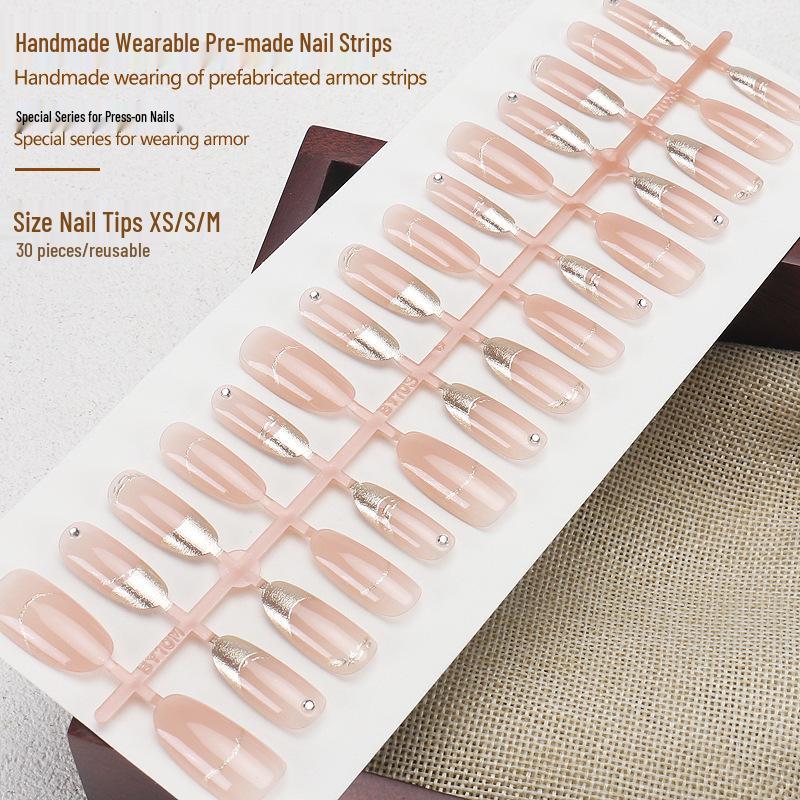 Elegant Press-On Nails: French Gold Edge Design, Pre-Made Tips for Mature Women