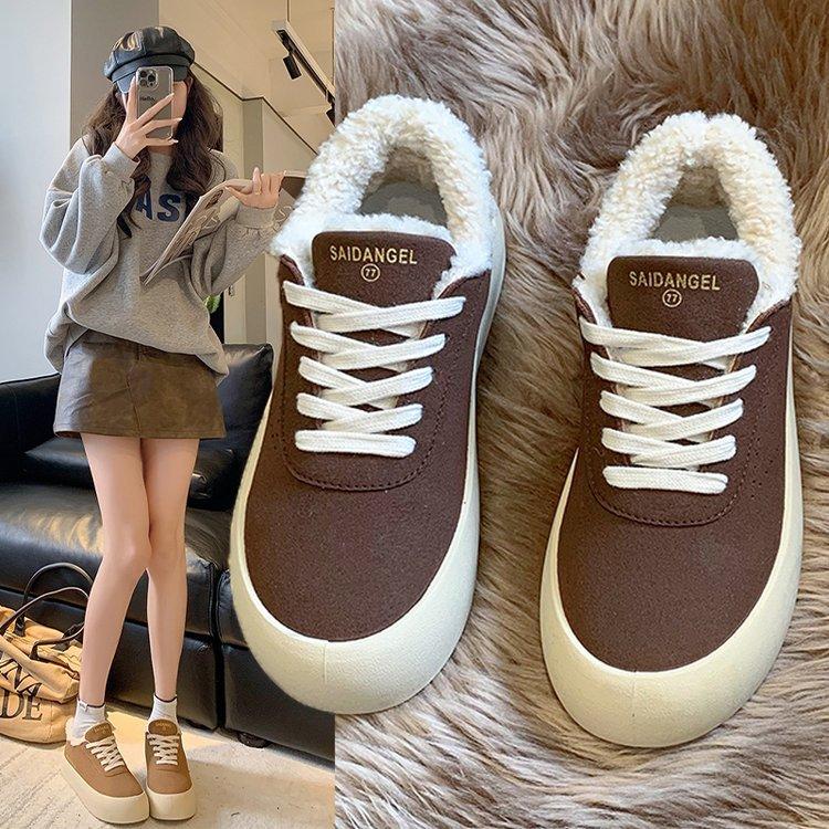Маленькие белые туфли на толстой подошве, женские, новинка 2024 года, обувь из овечьей шерсти, повседневная обувь из бархата, теплая спортивная обувь из хлопка