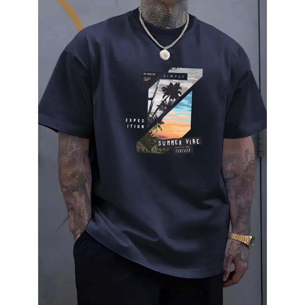Vibrant Tropical Print Crew Neck Tee - Soft Slight Stretch  Fabric, Rib-Knit, Regular Fit, Street Style, Novelty Top for Men