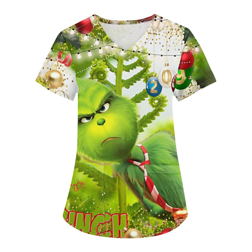 Women's Christmas Printing Uniform Work Uniform V-Neck Pocket Protective Work Uniform