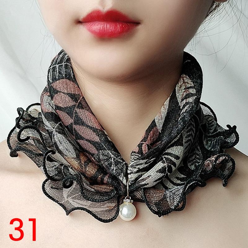 Women Jewelry Accessory Headscarf Pearl Headband Gold Thread Stretch Lace Scarf Necklace
