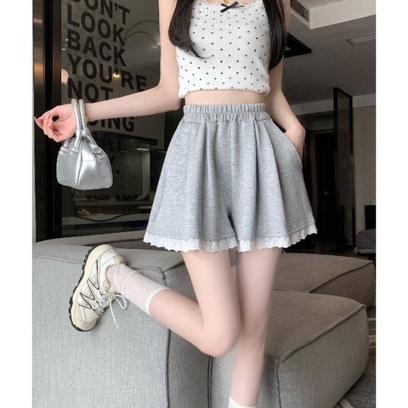 Sports Shorts Women's New Korean Version of Loose Lace Lace Elastic High-waisted Temperament Casual A-line Wide-leg Pants To Wear