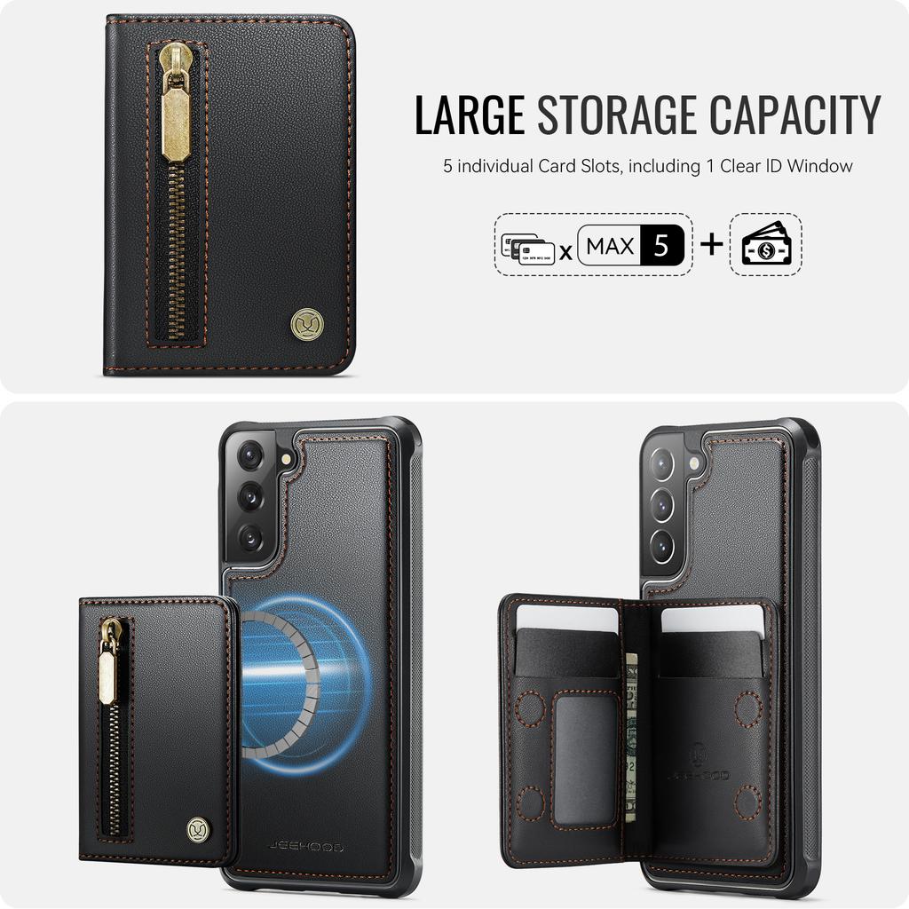 For Samsung Galaxy S21+ 5G Case JEEHOOD J12 Magnetic Detachable Zipper Wallet Kickstand Leather Back Cover Magnetic Case