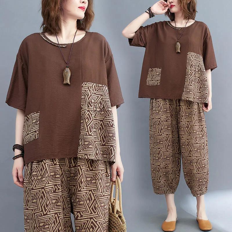 Женский ретро-костюм, летний свободный топ, женские брюки с принтом и застежкой-молнией больших размеров, костюм из двух частей