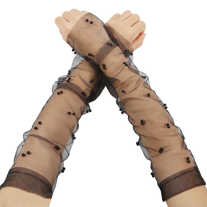 White Tulle Gloves Wedding Pearl Long Bridal Sheer Sleeves Elbow Length Lace Fingerless Gloves Mesh Dress Arm Gloves for Brides Costume Dance Party