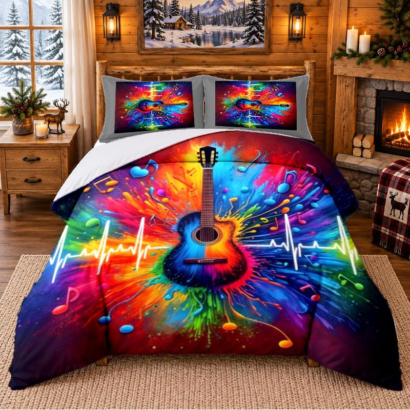 Colorful Musical Pattern Bedding 3Pcs Set Bed Sheet And Pillowcases For Indoor Bedroom