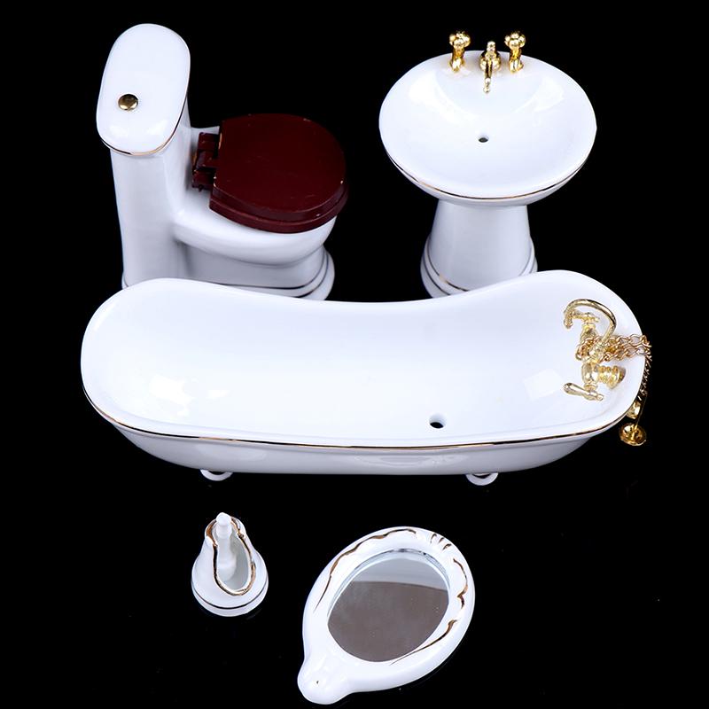 5Pcs 1:12 Dollhouse Miniature Porcelain Bathroom Set Toilet Basin Bathtub Mirror