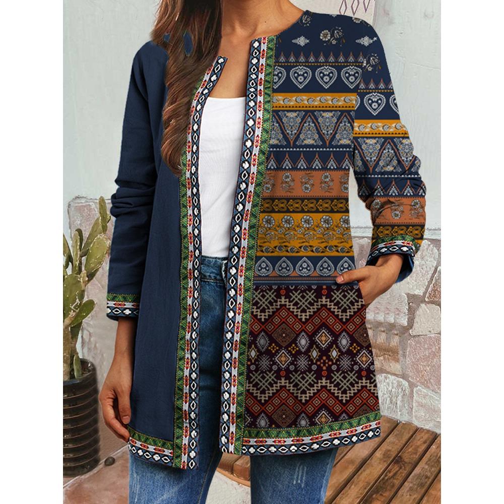 GMXIA Осень-зима винтажный этнический стиль принт большой размер куртка кардиган женская одежда