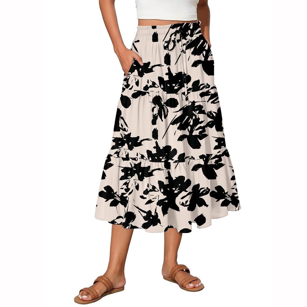Women's Flowy Flared Ruffle Hem A Line Maxi Skirts Elastic Waist Elegant Tiered Layer Boho Long Skirts