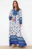 Women's Hijab Dress New Season Fashion Blue Floral Patterned Woven Viscose Dress