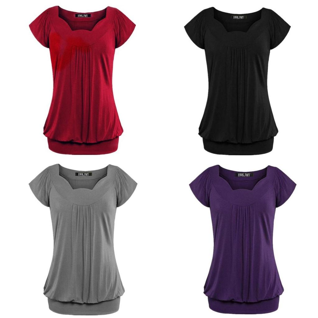 Elegant Women's Fashion Summer V-neck Short Sleeve Pleated Loose Blouse Plus Size