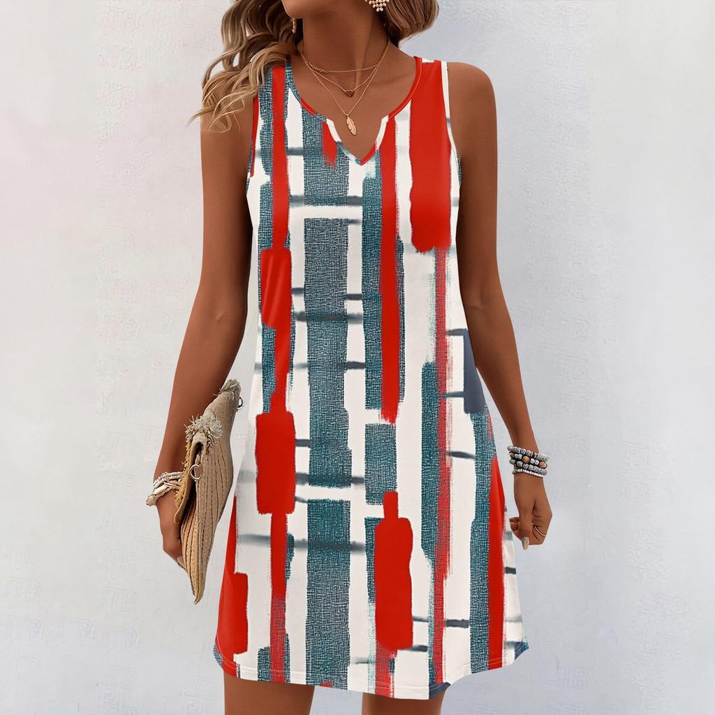 Women Summer Dresses V-Neck Print Sleeveless Sundress Casual Dress