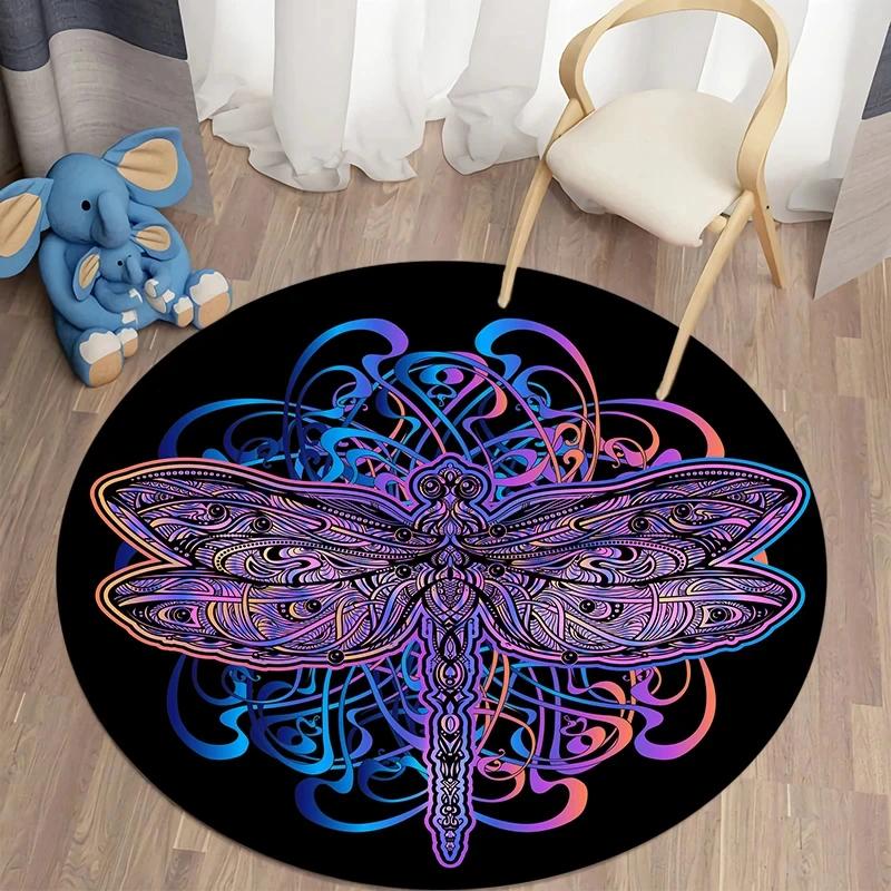 Bohemian Dragonfly Round Carpet Soft Floor Mat For Living Room Sofa Chair Children's Room Non-slip Area Rug Home Decor Doormat