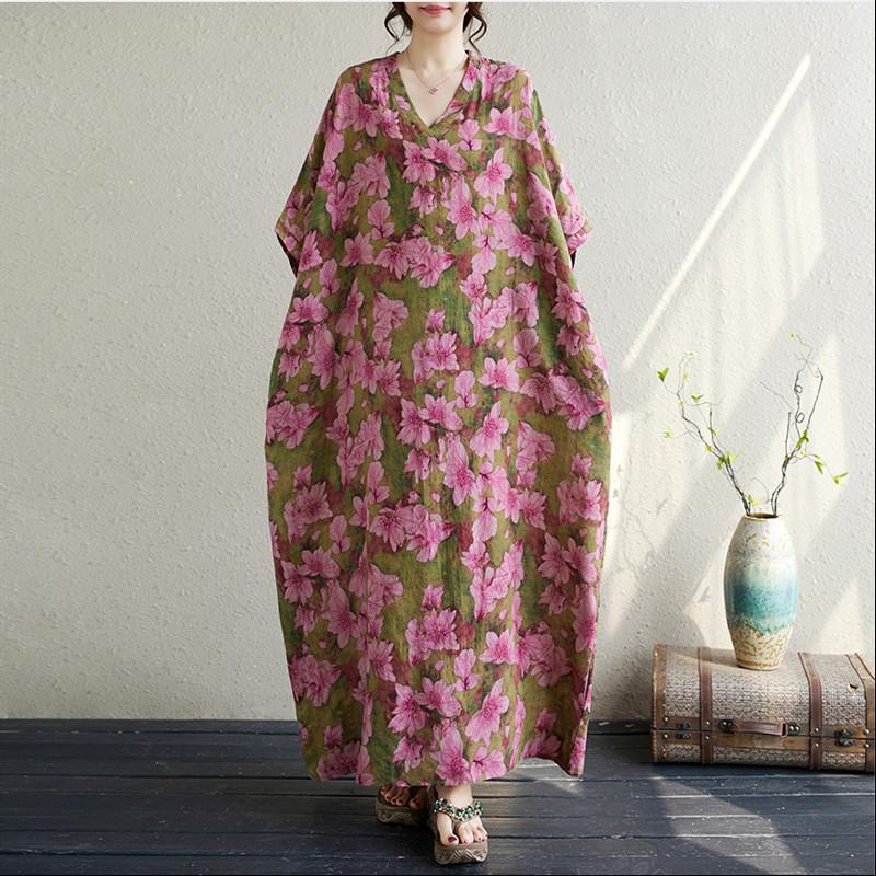 Новое хлопковое платье больших размеров с коротким рукавом и цветочным принтом для женщин, повседневное свободное длинное летнее платье макси