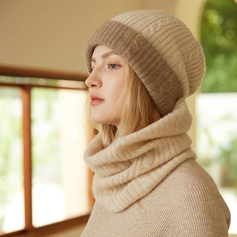 Women 100% Cashmere Tube Scarf Cable Knit Neck Warmer Ring Double Faced Thick Cap Reversible Knitted Beanies Winter 2-Pcs Set