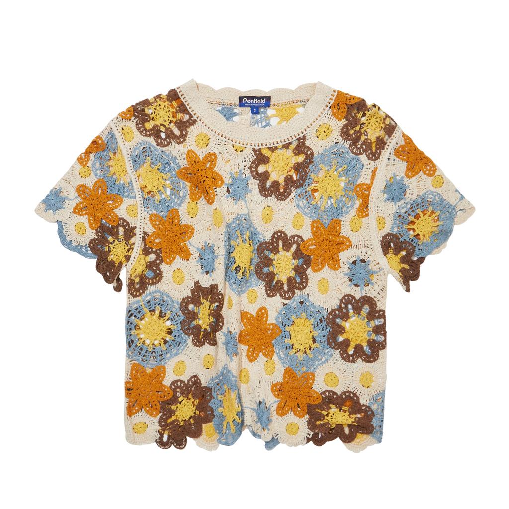 PENFIELD Женский вязаный топ с коротким рукавом, цветочный жаккард, коричневый_Fr2Kt24F