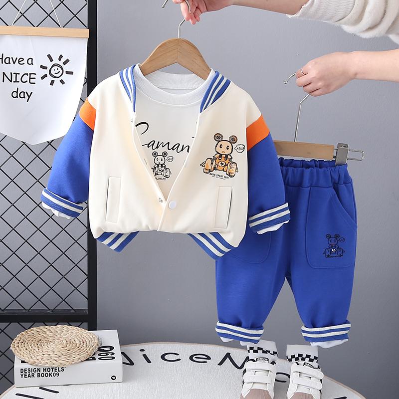 0-5-Year-old Boys' Long Sleeved Three Piece Set Cartoon Teddy Bear Baseball Jacket Round Neck White Top Casual Ankle Tied Pants