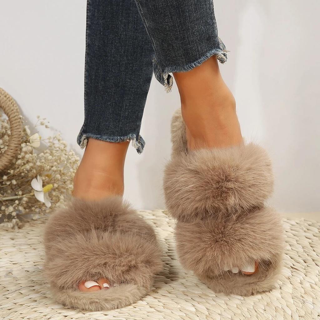 Leisure Slippers for Women New Slides Casual Flat Low Heels Shoes for Women Solid Furry Fur Slippers Plus Size