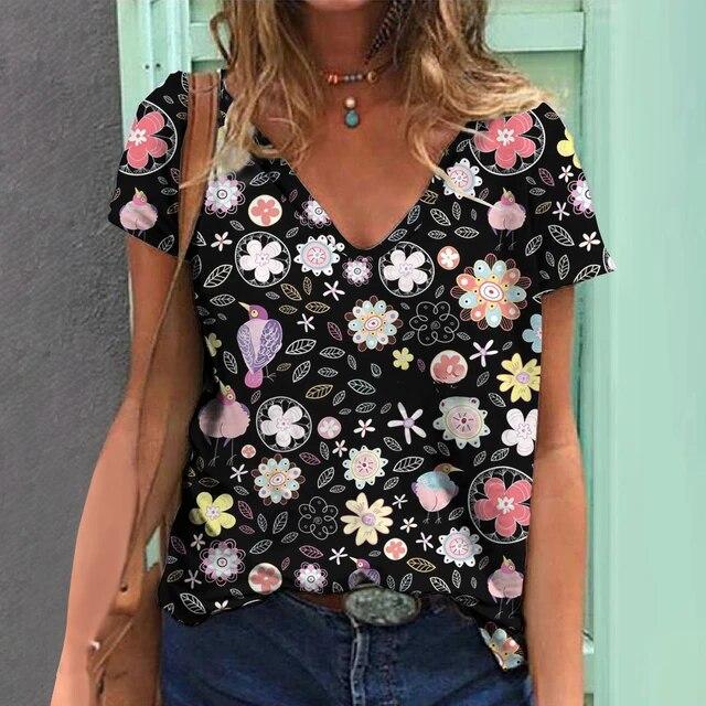 Женская футболка с v-образным вырезом, летняя модная женская одежда, топы с 3d винтажным принтом, повседневная одежда для девочек, женский пуловер большого размера