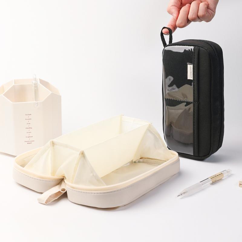 Volcano Layer Pencil Bag Pen Case Transparent Pocket 3 Compartments Handle Storage Pouch for Stationery