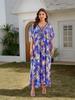 Plus Size Kaftan Purple Bohemian Printed Tasseled V-neck Summer Long Beach Dress Women Homewear Swim Suit Cover Up Loose Caftan Q1627